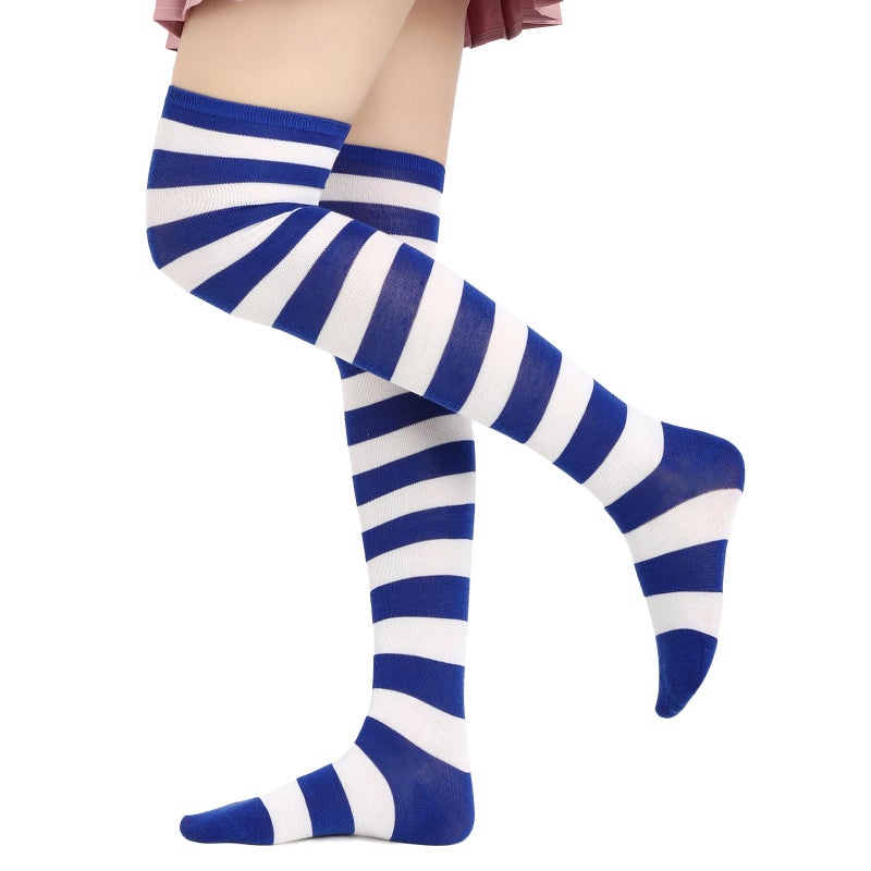 DAZCOS Striped Thigh High Socks Elastic Over The Knee Knit Stockings for Daily or Anime Cosplay (Blue + White) - Image 1
